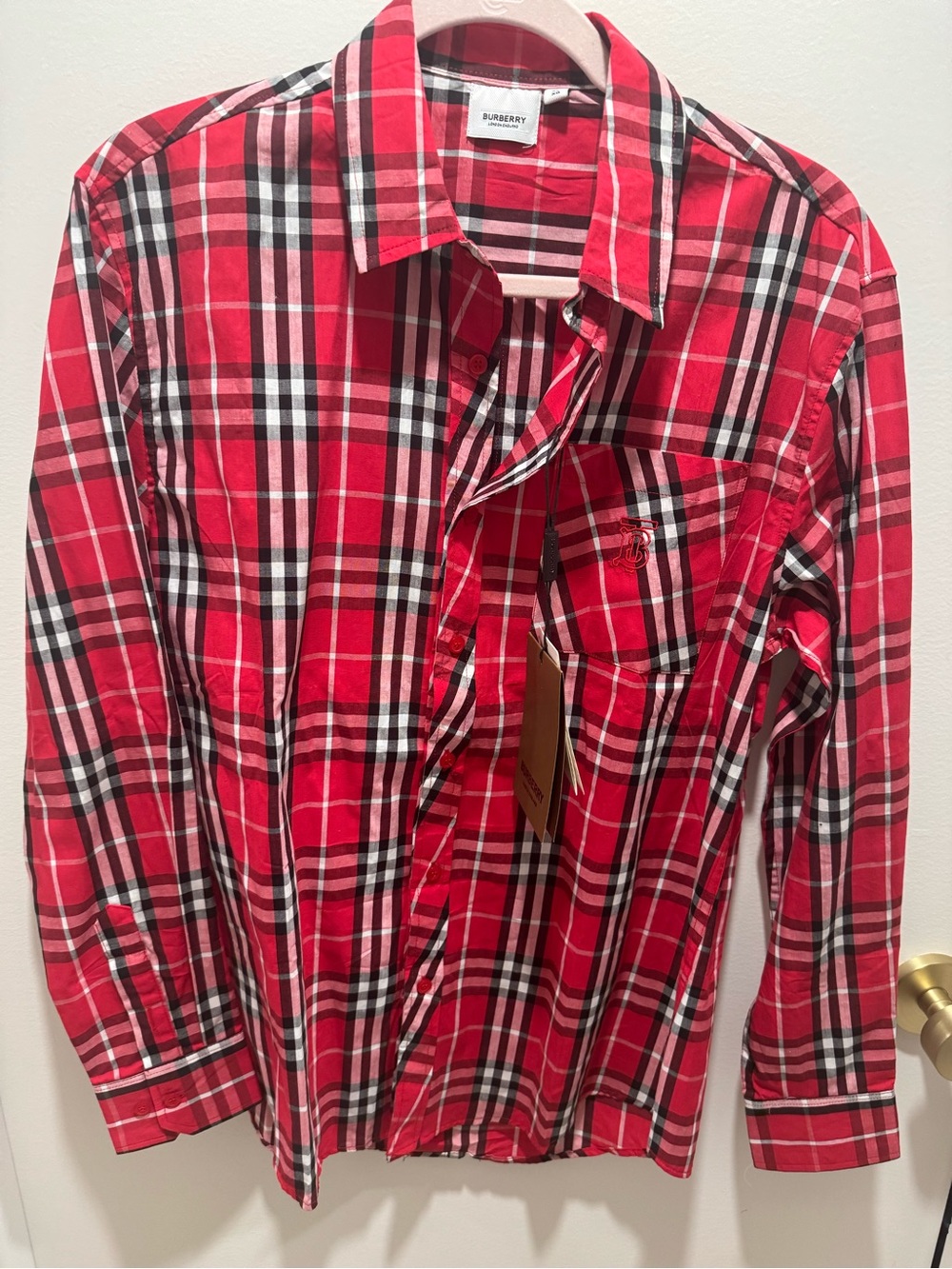 Burberry Red, Black and White Plaid Long-Sleeve Button-Down Shirt